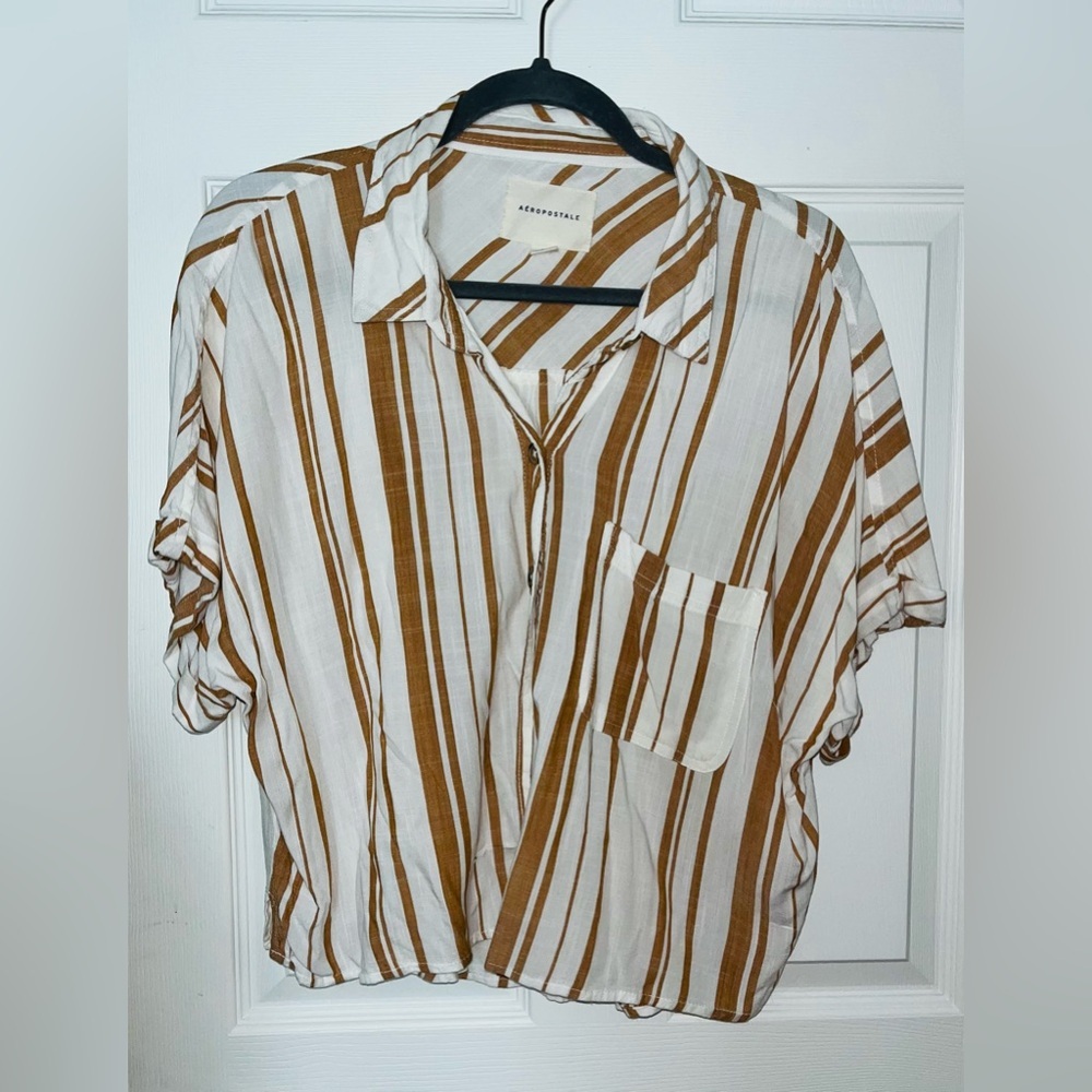 Aeropostale White and Brown Striped Button-Down Shirt